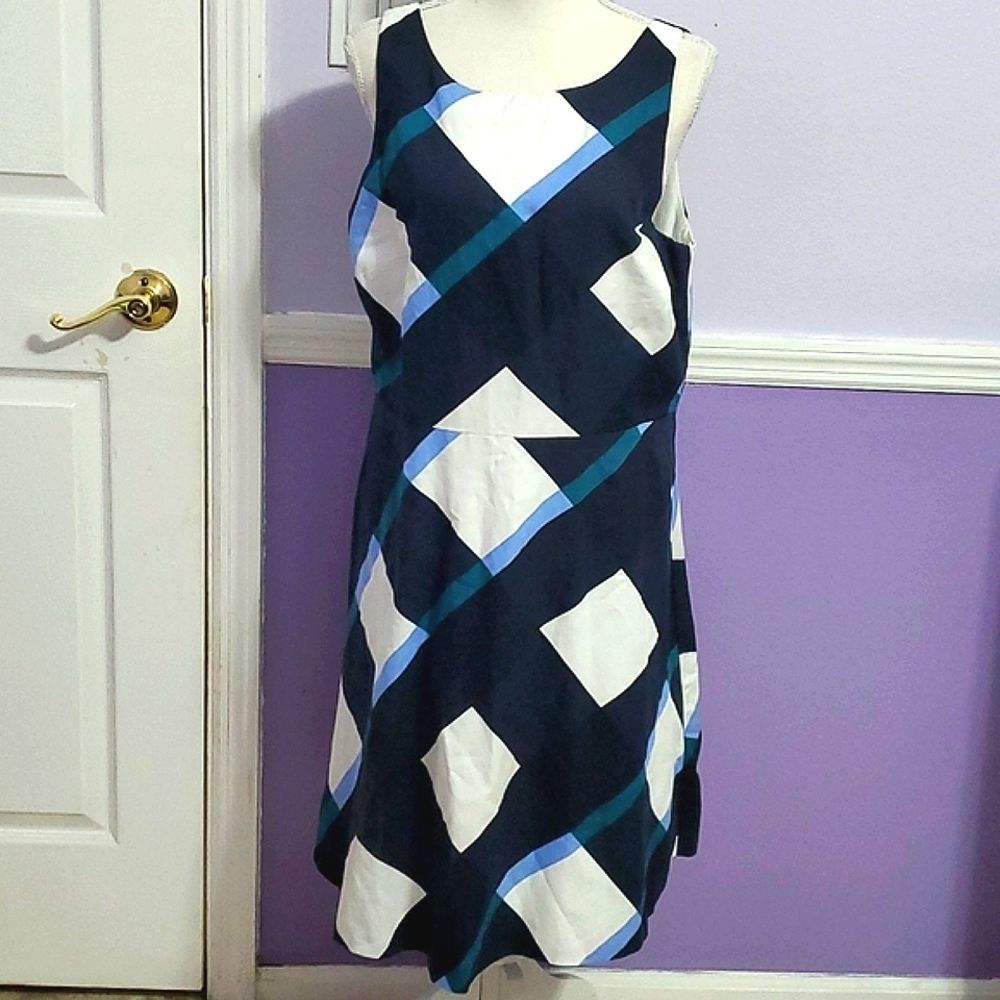 Ann Taylor Blue & White Plaid Gingham Fit & Flare Sleeveless Midi Dress 12